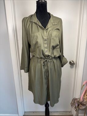 Tahari Olive Green Button-Front Shirtdress with Waist Tie